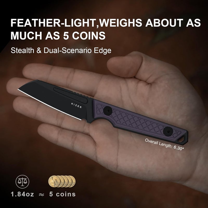 KIZER Phasmids Fixed Blade Knife with Sheath, 2.78" AEB-L Steel Blade, Full Tang Camping Knife with Purple G10 Handle, EDC Knives for Hiking 1079A1 - Image 2